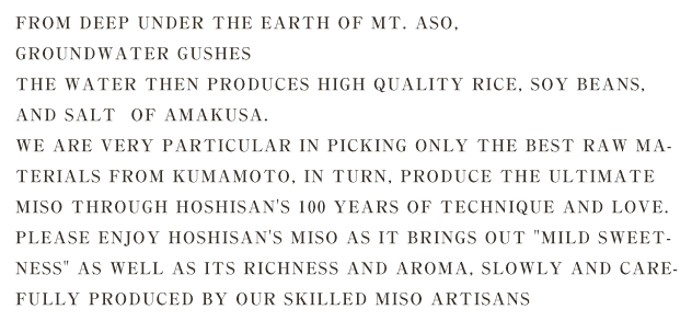 From deep under the earth of Mt. Aso, 
groundwater gushes 
The water then produces high quality rice, soy beans, and salt  of Amakusa.
We are very particular in picking only the best raw materials from Kumamoto, in turn, produce the ultimate miso through Hoshisan's 100 years of technique and love. 
Please enjoy Hoshisan's miso as it brings out 「mild sweetness」 as well as its richness and aroma, slowly and carefully produced by our skilled miso artisans